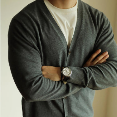 Knit Cardigan Coat Slim-fit Long Sleeve Solid Color And V-neck 100 Cotton