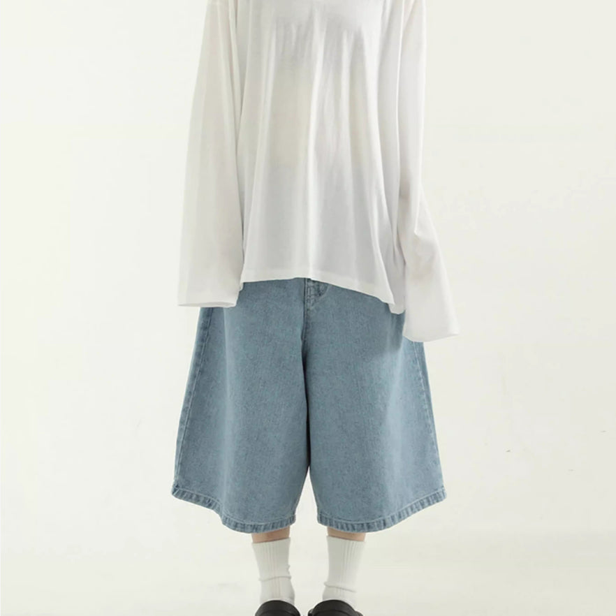 American Retro Denim Cropped Pants Women's Elastic Waist Straight Wide Leg Loose Thin Over The Knee