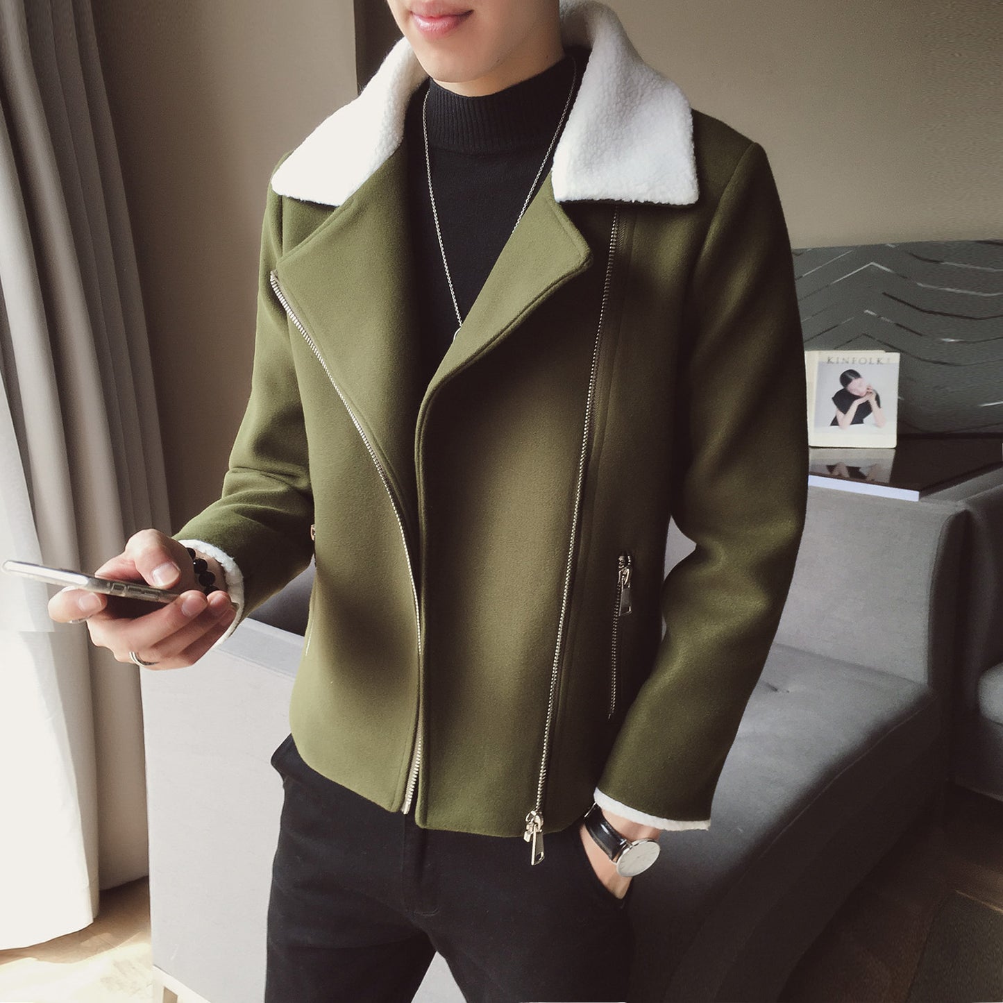 Lambs Wool Short Diagonal Zipper Jacket