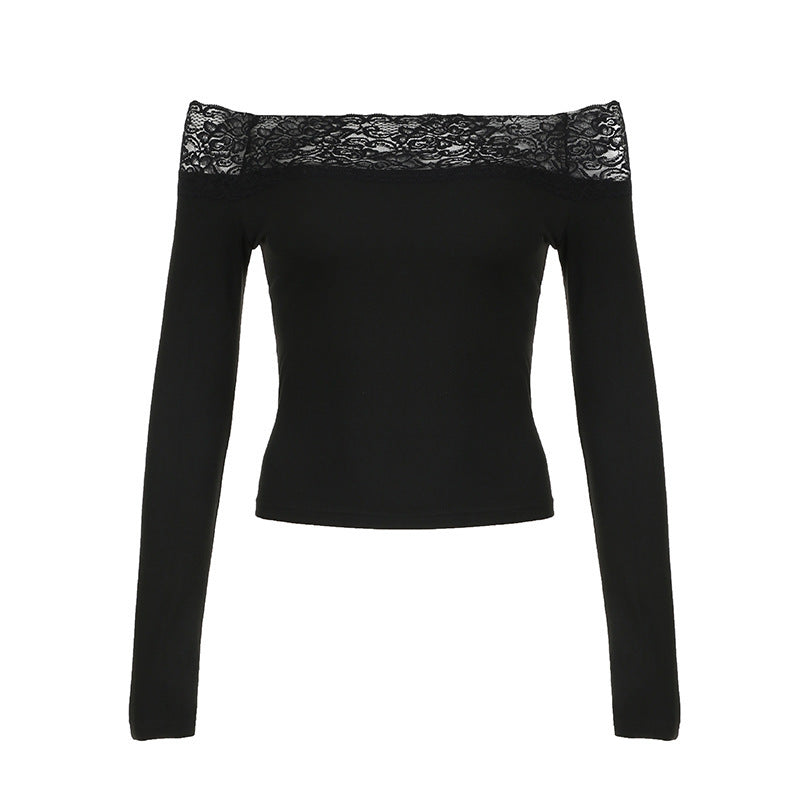 Sexy Off-the-Shoulder Lace-Panel Long-Sleeve Top