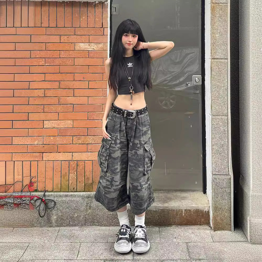 Summer Fashion All-matching High Waist Loose Straight Cargo Cropped Pants