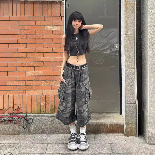 Summer Fashion All-matching High Waist Loose Straight Cargo Cropped Pants