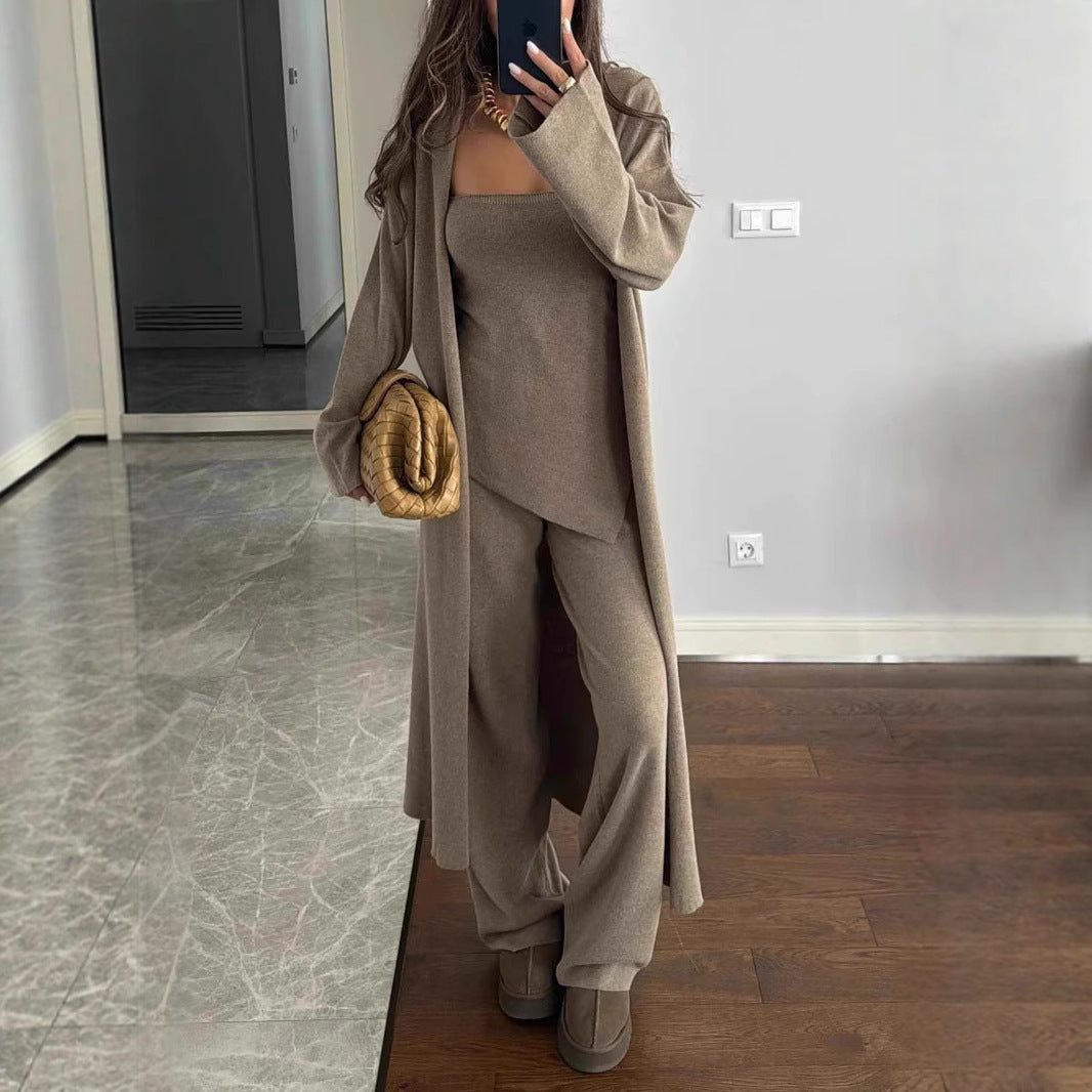 New Style Casual Solid Color Knitted Three-Piece Set Loose Long Coat And Wide-Leg Pants For Women