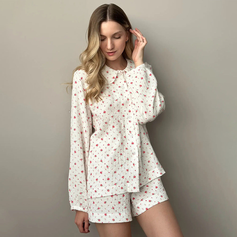 Womens Cotton Printed Long-Sleeve Top And Shorts Set