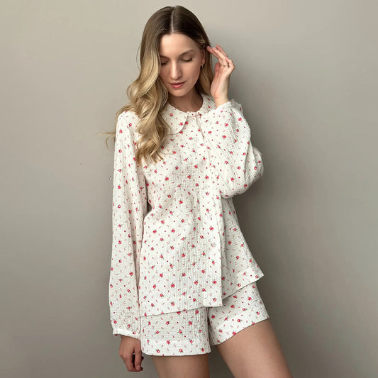 Womens Cotton Printed Long-Sleeve Top And Shorts Set