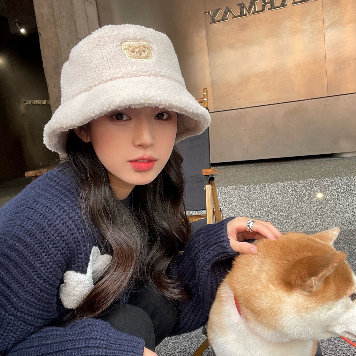 Korean Lamb Wool Cute Embroidered Bear Bucket Hat