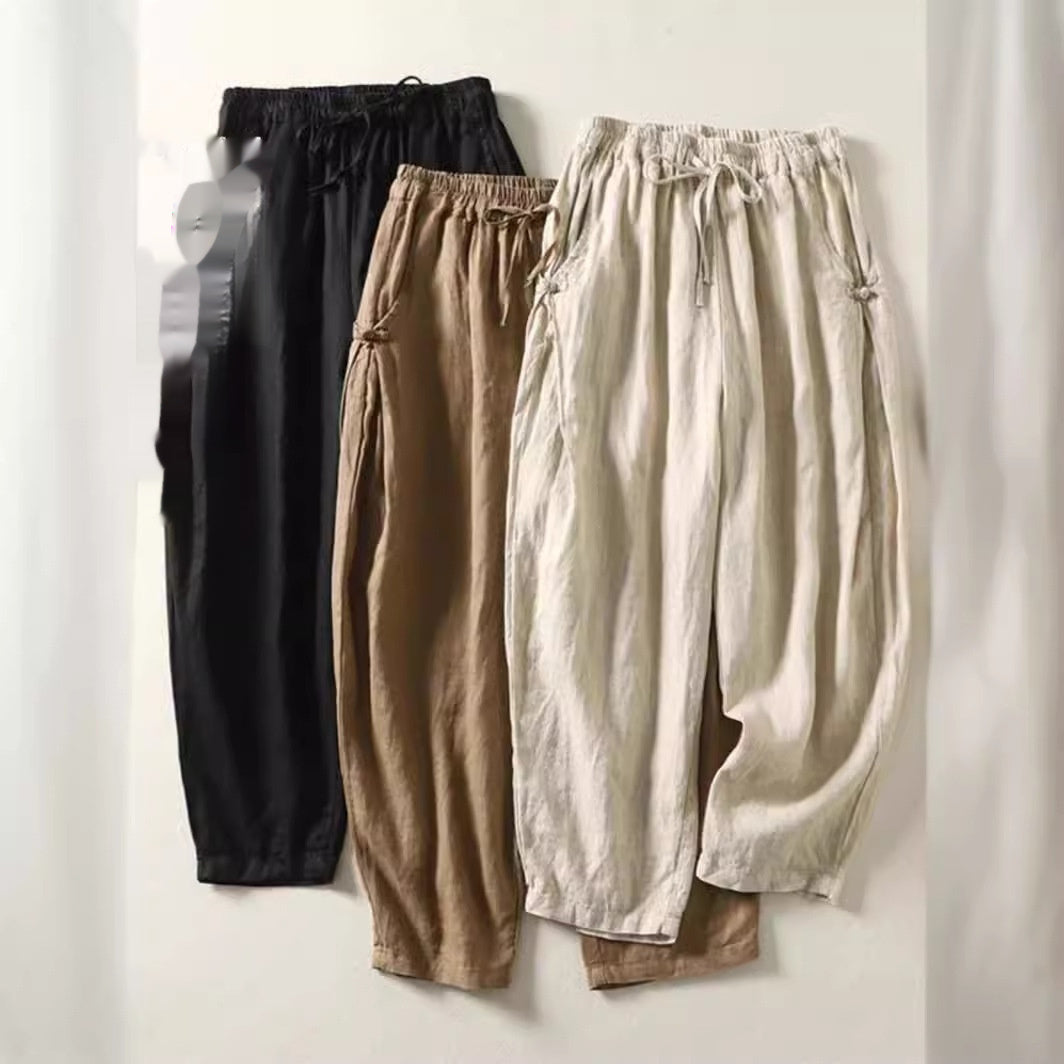 Bomuld Cropped Bukser Løse Tynde Spænde Høj Talje Snøre Afslappet Harem Bukser