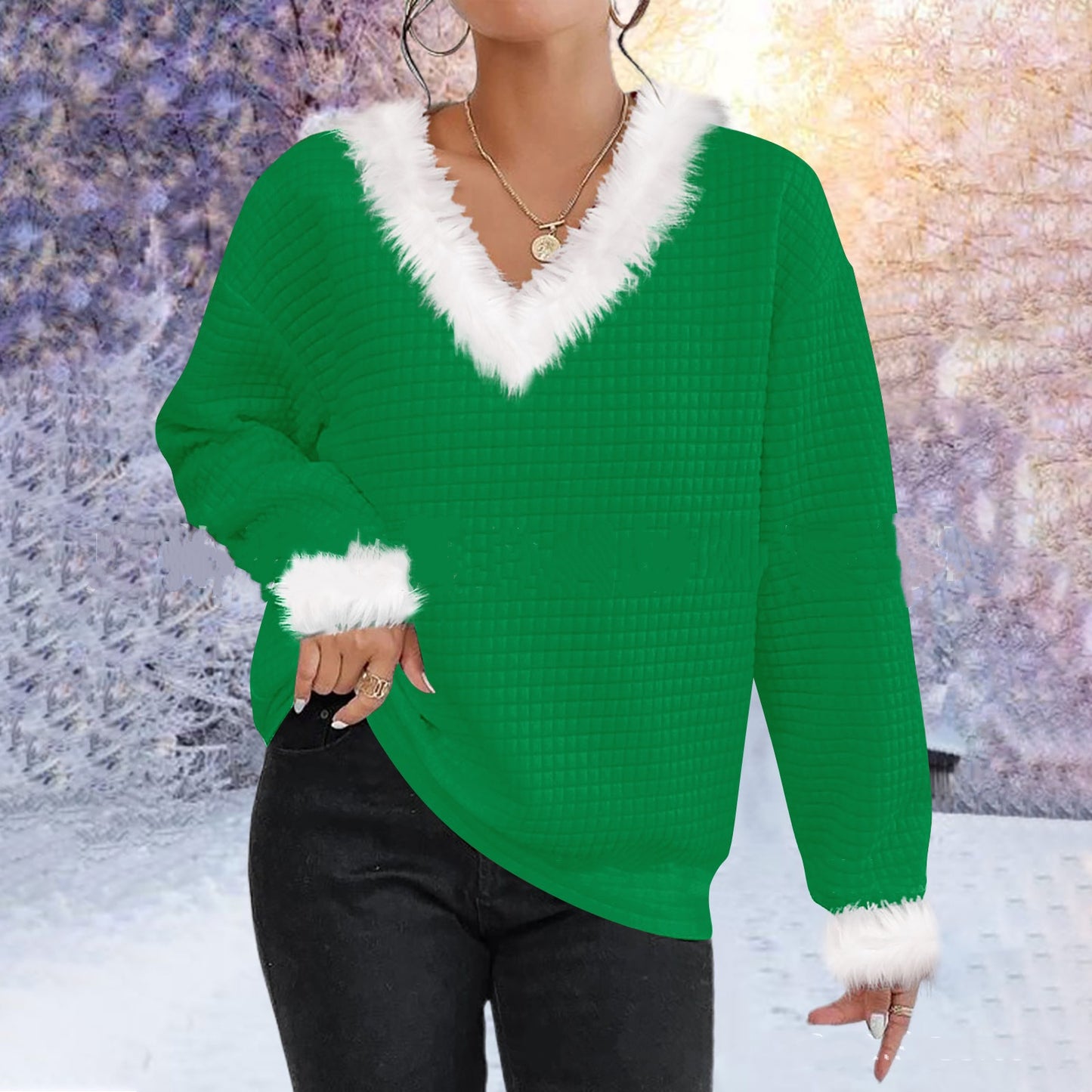 Autumn And Winter New Furry V-neck Solid Color Long Sleeve Sweater Top Women