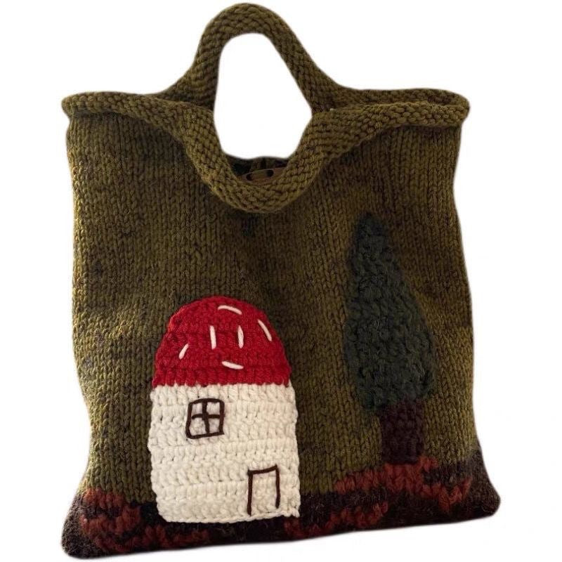 Mushroom House Handmade Wool Weave Vintage Cute Handbag Ladies