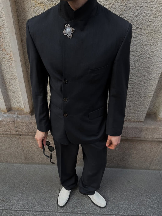 Black Mandarin Collar Zhongshan Style Suit Set