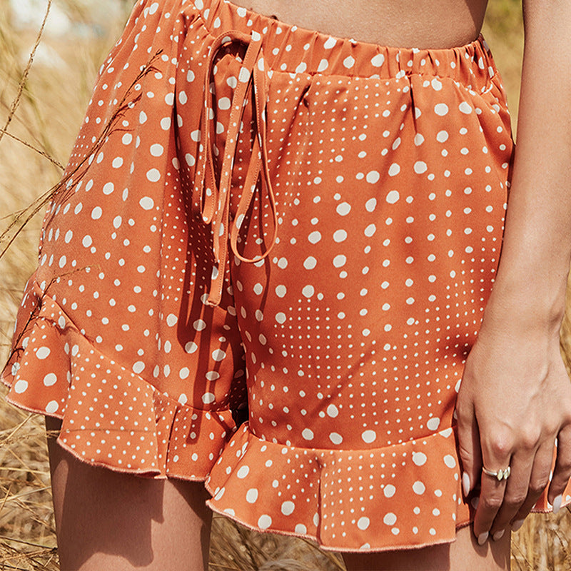 Women's Tying Wide Loose High-Waisted Elastic Tightening Ruffled Printed Polka-Dot Shorts