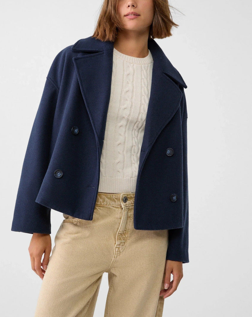Short Padded Wool Coat With A Large Lapel And Long Sleeves