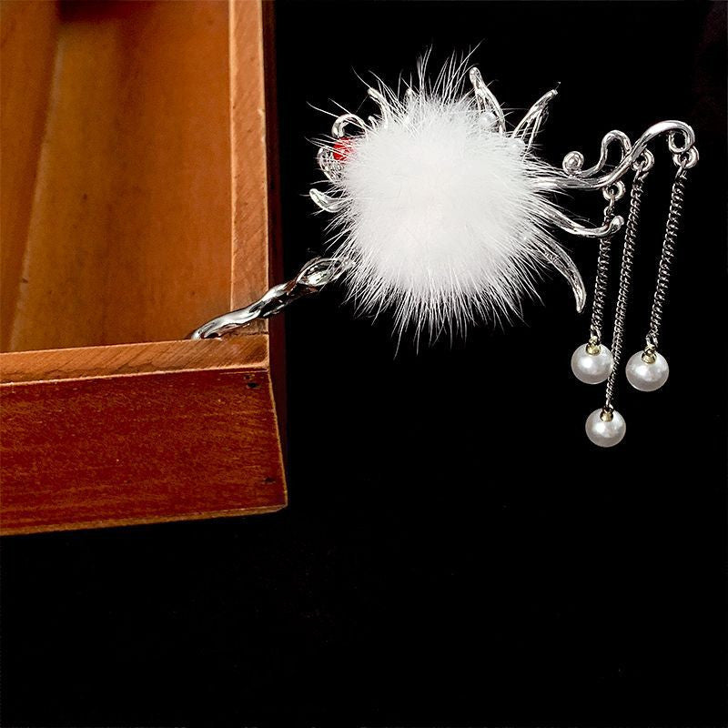 White Autumn And Winter Feather Pearl Tassel Hairpin