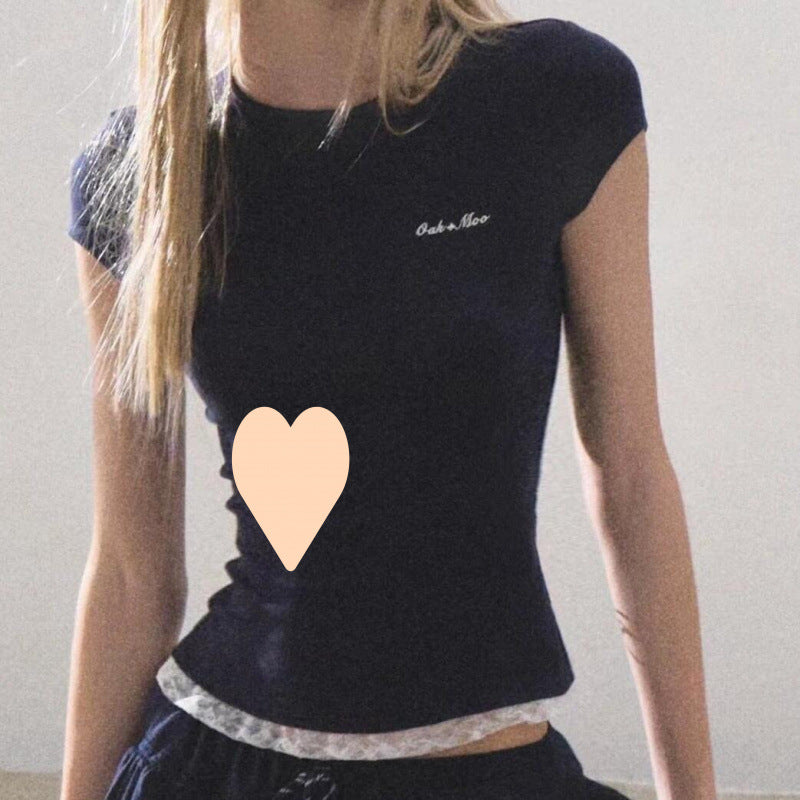 Lace Skin-friendly Slim Fit Patchwork Slimming T-shirt Summer Top For Women