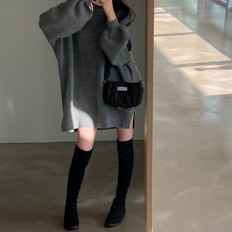 High Collar Warm Sweater Mid-length Versatile Knitted Top Women