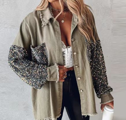 Loose Casual Sequin Denim Tassel Shirt Coat