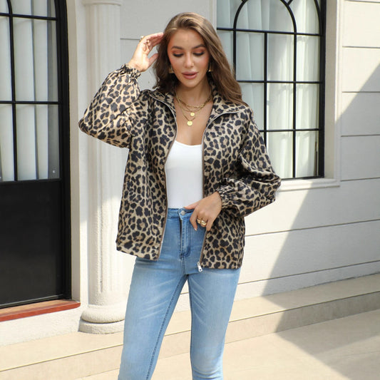 Dame Retro Løs Slankende Leopardprint Reversjakke