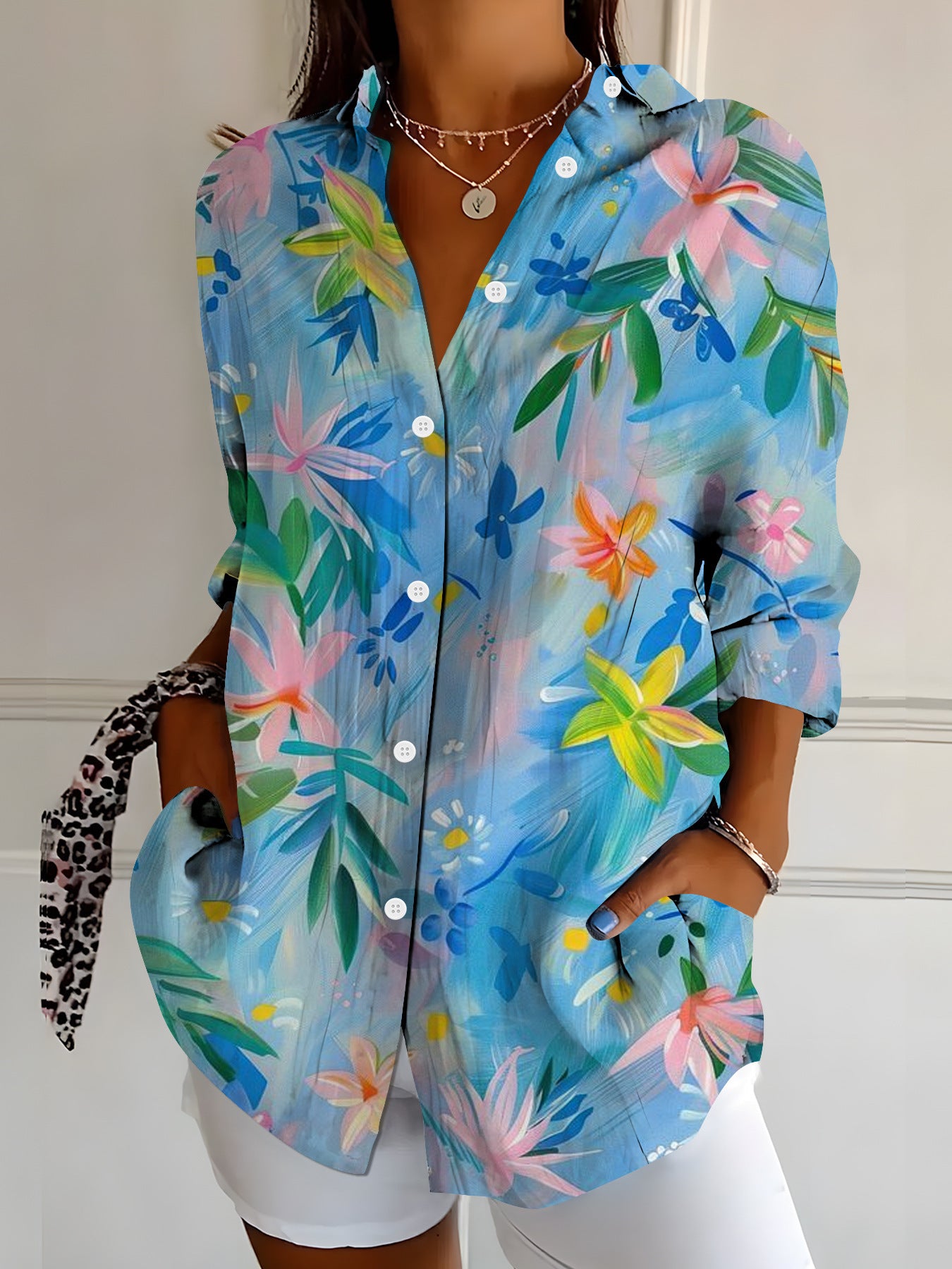 Womens Vibrant Colorful Floral-patterned Long-sleeve Shirt
