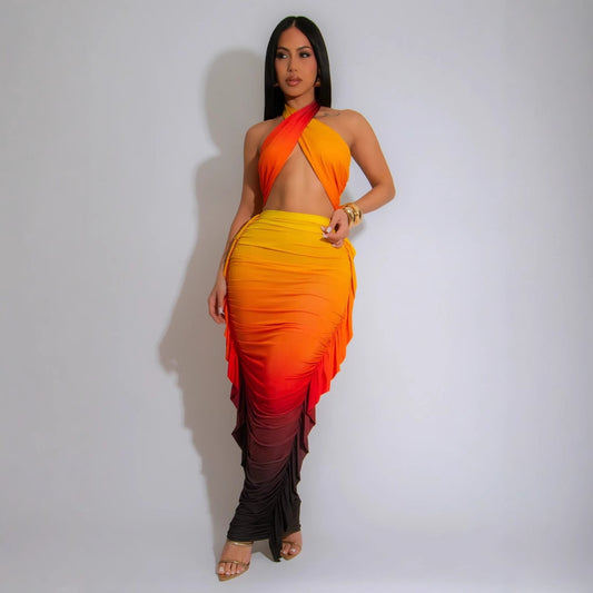 Women's Fashion Gradient Printing Navel Pleated Two-piece Suit
