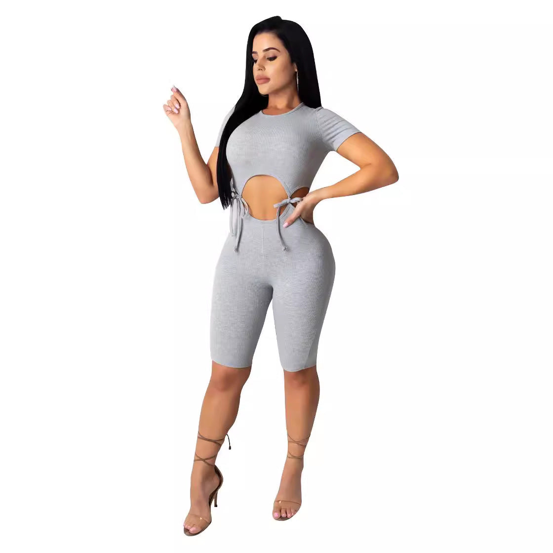 Knitted Tie-front Midriff-baring One-piece Shorts