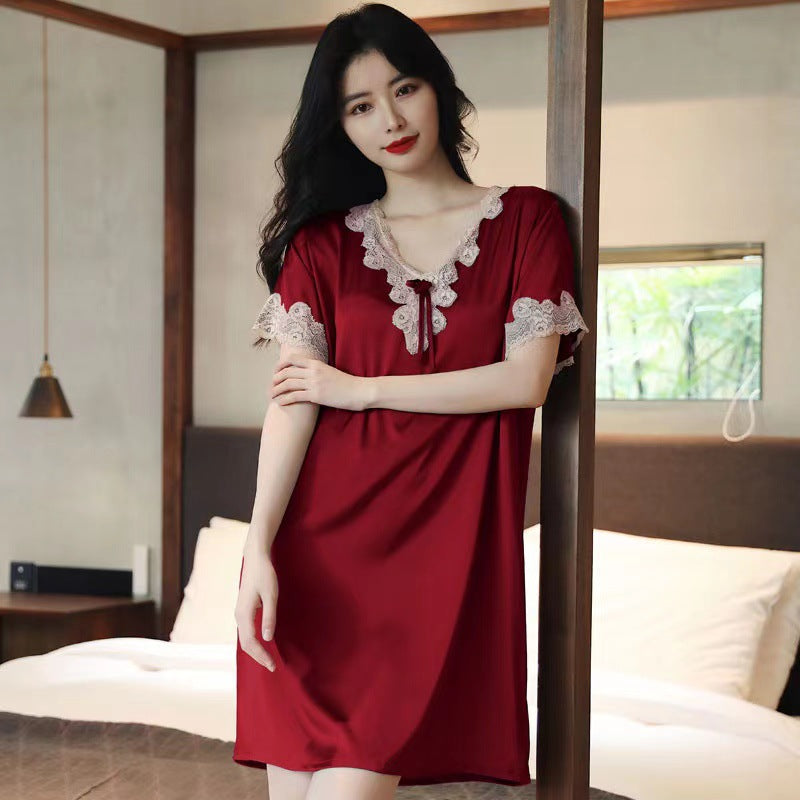 Womens Summer Ice Silk Loose Plus-Size Nightdress