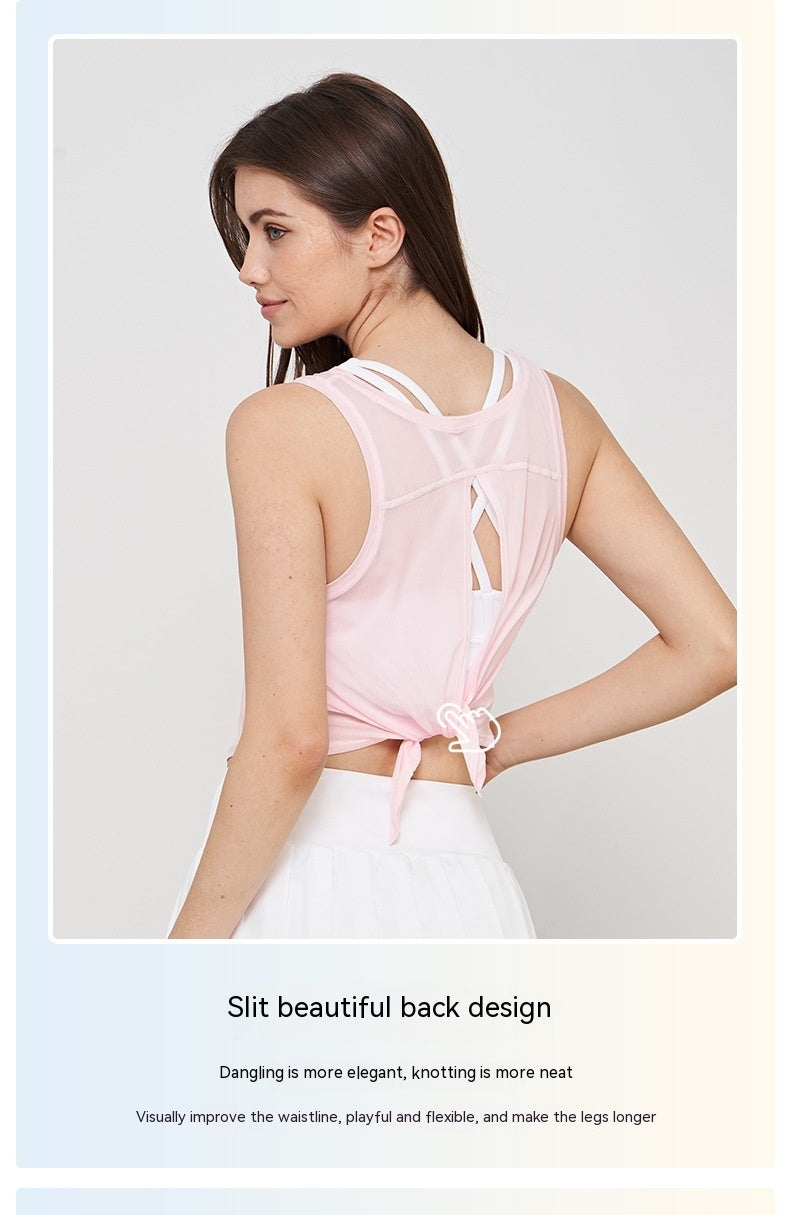 Fine Mesh Short-sleeved T-shirt Women's Split Back Sleeveless Cuff Smock Top