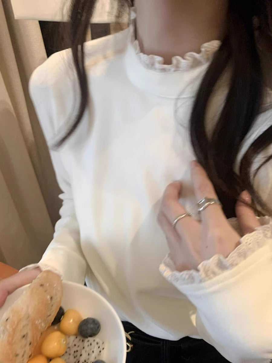 Spliced Lace Trim Semi-high Collar Slim-fitting Slimming Warm Base Shirt