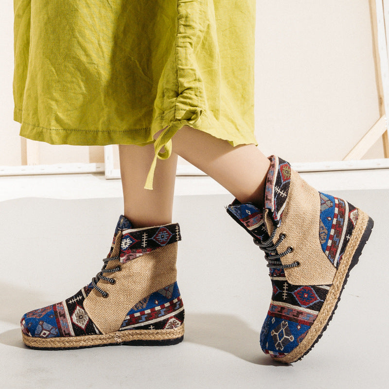 New High-top Linen Women's Shoes Lace-up Flanging Process