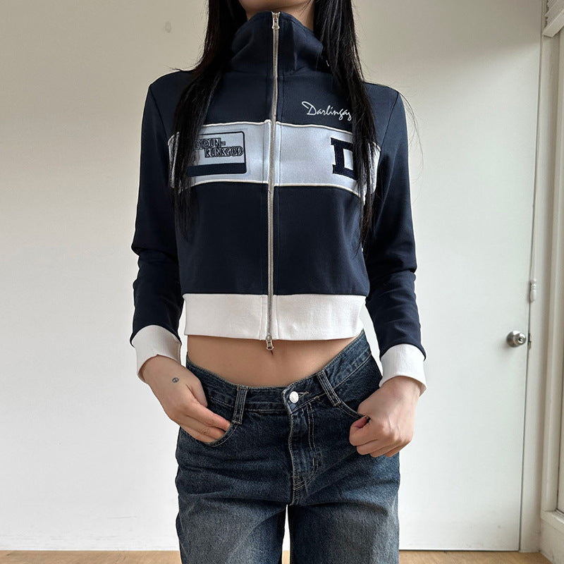 American Retro Color Matching Double Zipper Head Loose Jacket