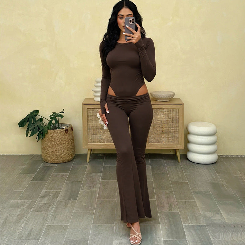 Solid Color Crew Neck Long Sleeve Slim Fit Bodysuit And Low Rise Pants Set