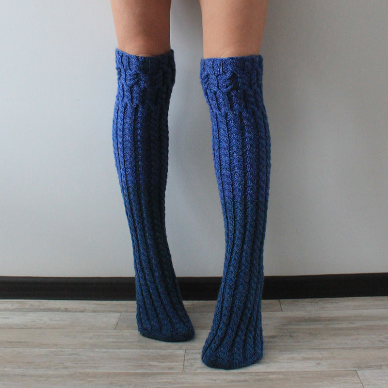 Five-Color Twist Over The Knee Solid Color Long Knitted Woolen Yarn Socks