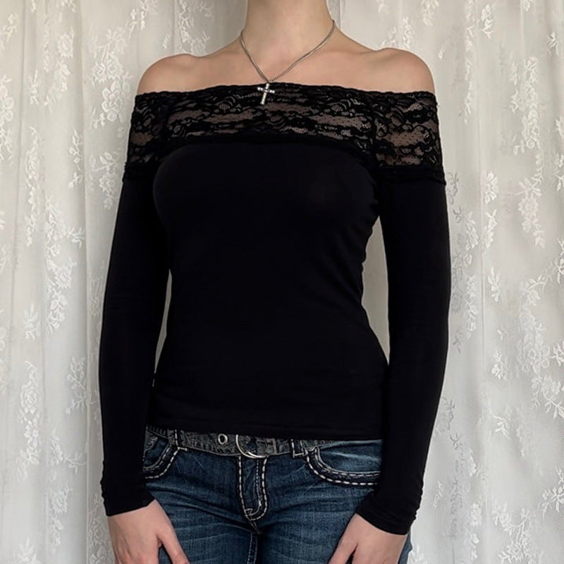 Sexy Off-the-Shoulder Lace-Panel Long-Sleeve Top