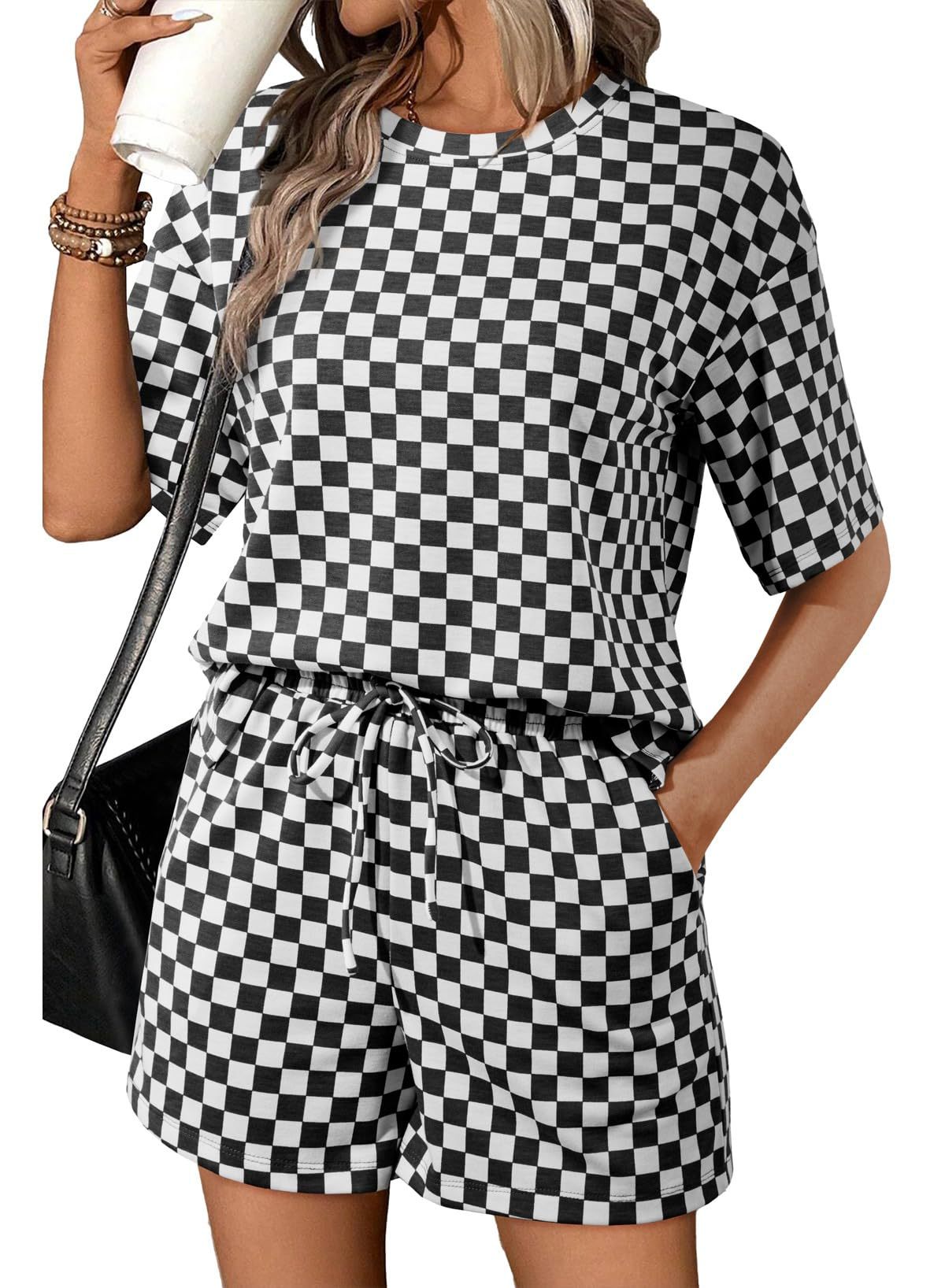 Womens Plaid Print Crew Neck Short Sleeve Drawstring Pocket Shorts Set