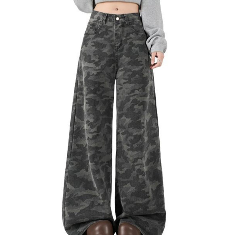 Retro Camouflage Wide-leg Jeans Women's Summer High Street Drape