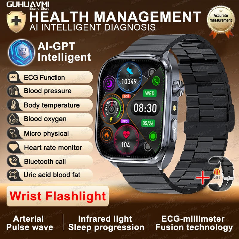 2025 New ECG+PPG AI Healthy Diagnose Smart Watch Men Blood Lipid Uric Acid BT Call Flashlight Blood Pressure Health Smartwatch