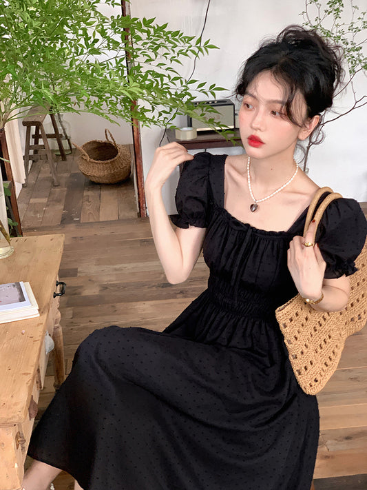 French Court Style Square Neck Bubble Sleeved Dress