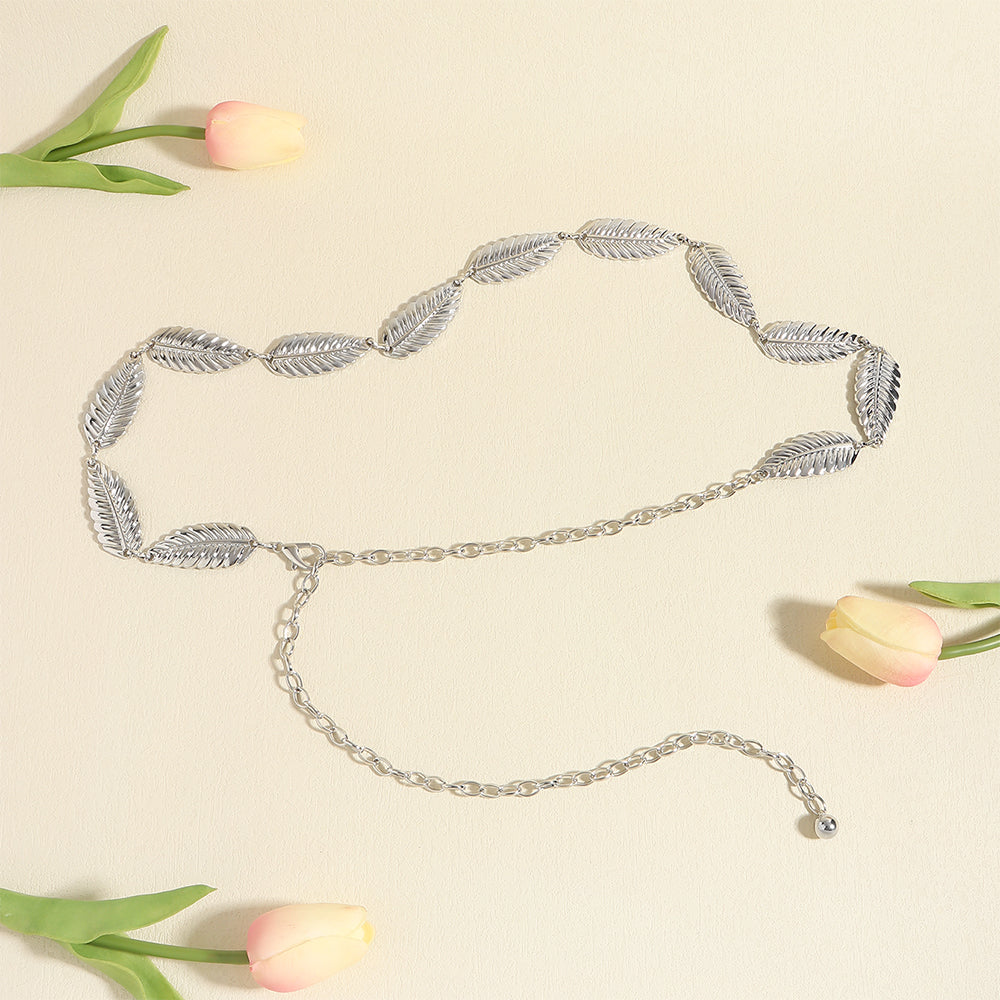 Metallic Silver Women's Waist Chain Feather Leaves Everything Dress Shirt Chain Simple Accessories