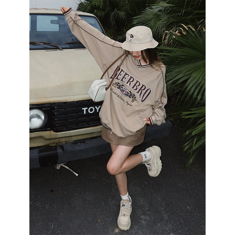 Embroidered Racing Street Style Contrast V Neck Top