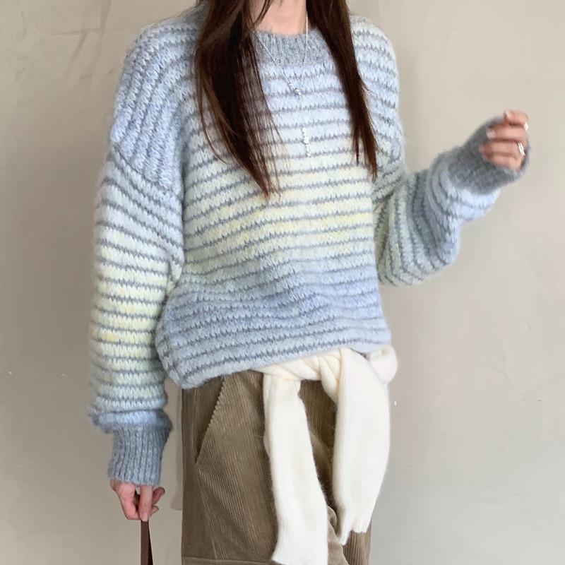 Retro Gradient Color Round Neck Striped Sweater Loose Long Sleeve Knit Top