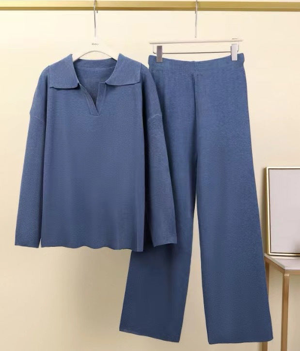 In Stock Springsummer Knit Polo-neck Long-sleeve Pullover And Trousers Two-piece Set