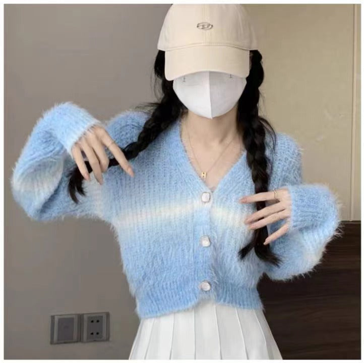 Gradient Color Autumn And Winter V-neck Mink Sweater Coat Female Small Short Outer Wear Wool Knit Cardigan