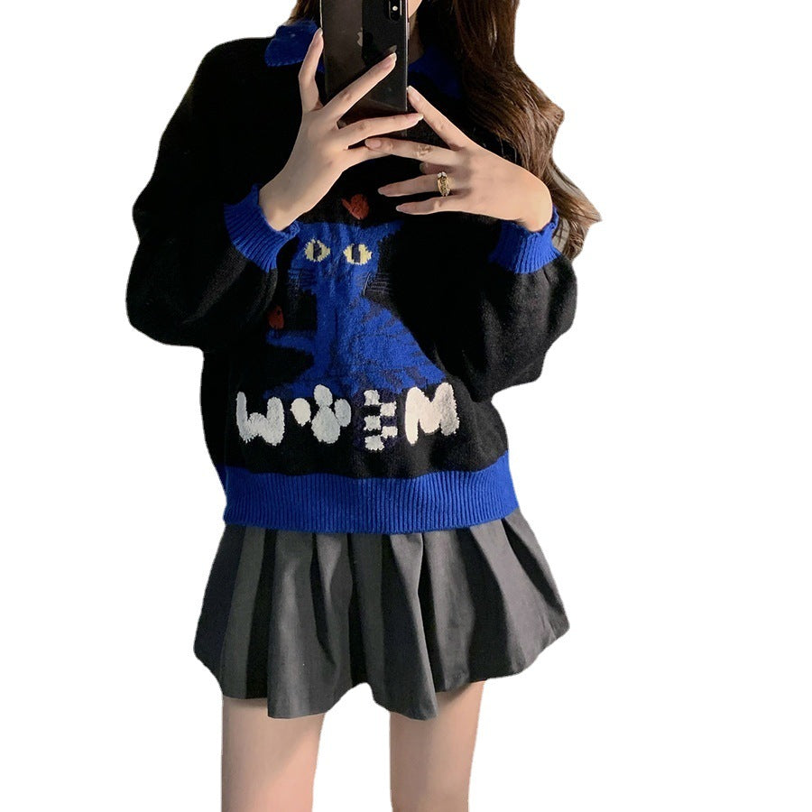 New Polo Collar Idle Style Pullover Machine Embroidery Cartoon Cat Sweater Top