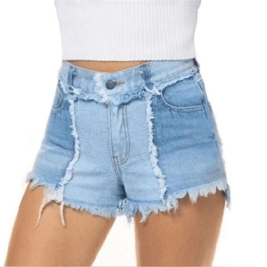 Womens Sexy Spliced Fringe Denim Shorts