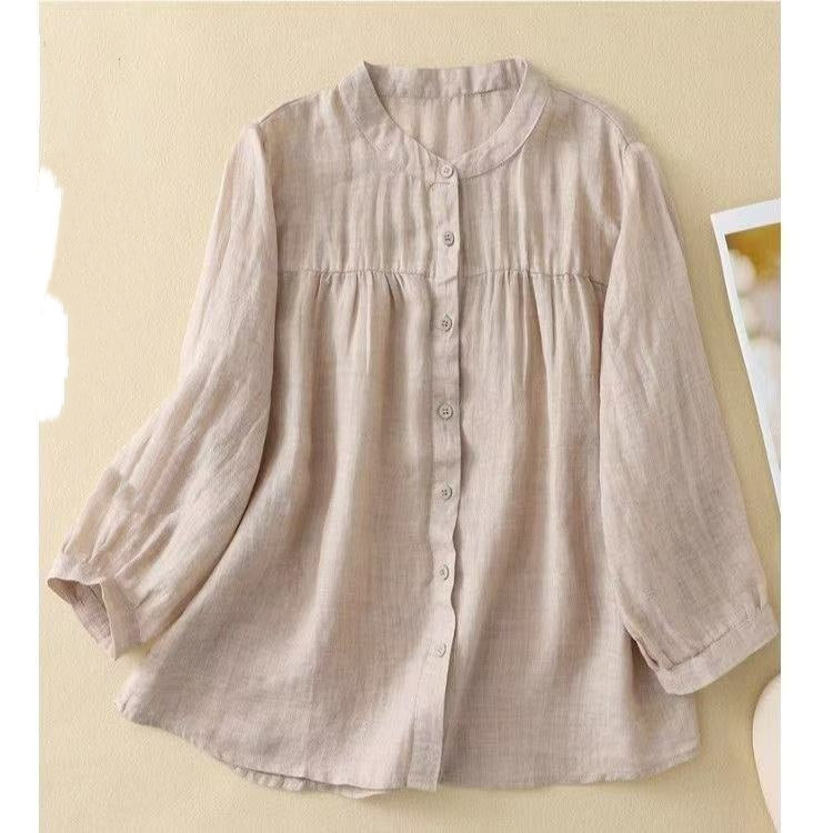 Casual Relaxed-fit Artistic Three-quarter-length Solid-color Shirt