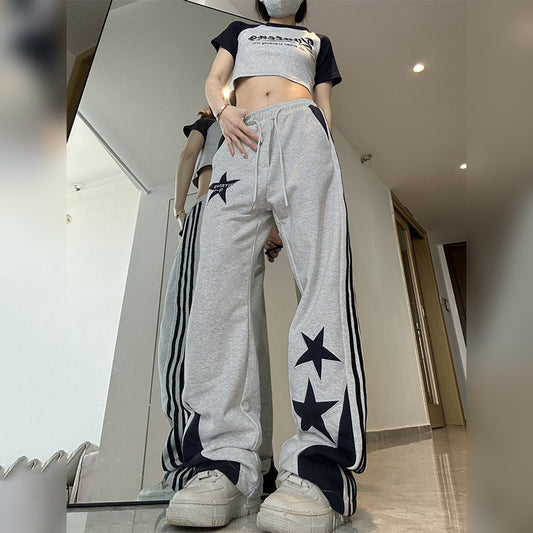 Vintage Star Embroidered Wide Leg Pants For Women Striped