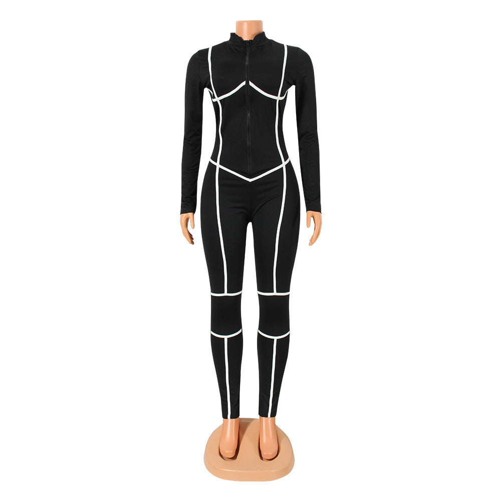 Women's Stitching Zipper Jumpsuit Trousers