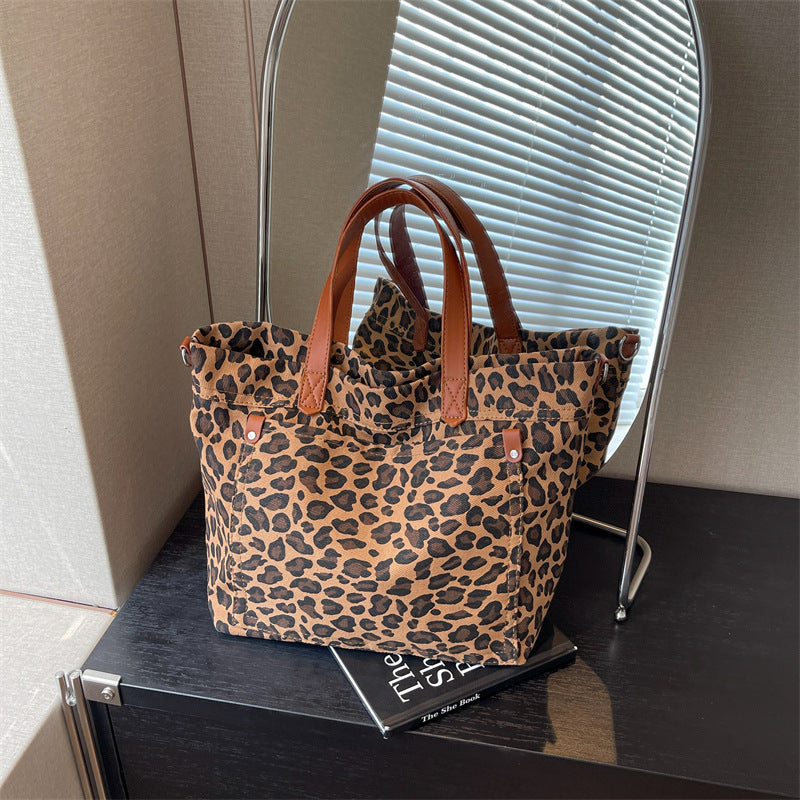 Retro Large-capacity Leopard-print Canvas Tote Bag