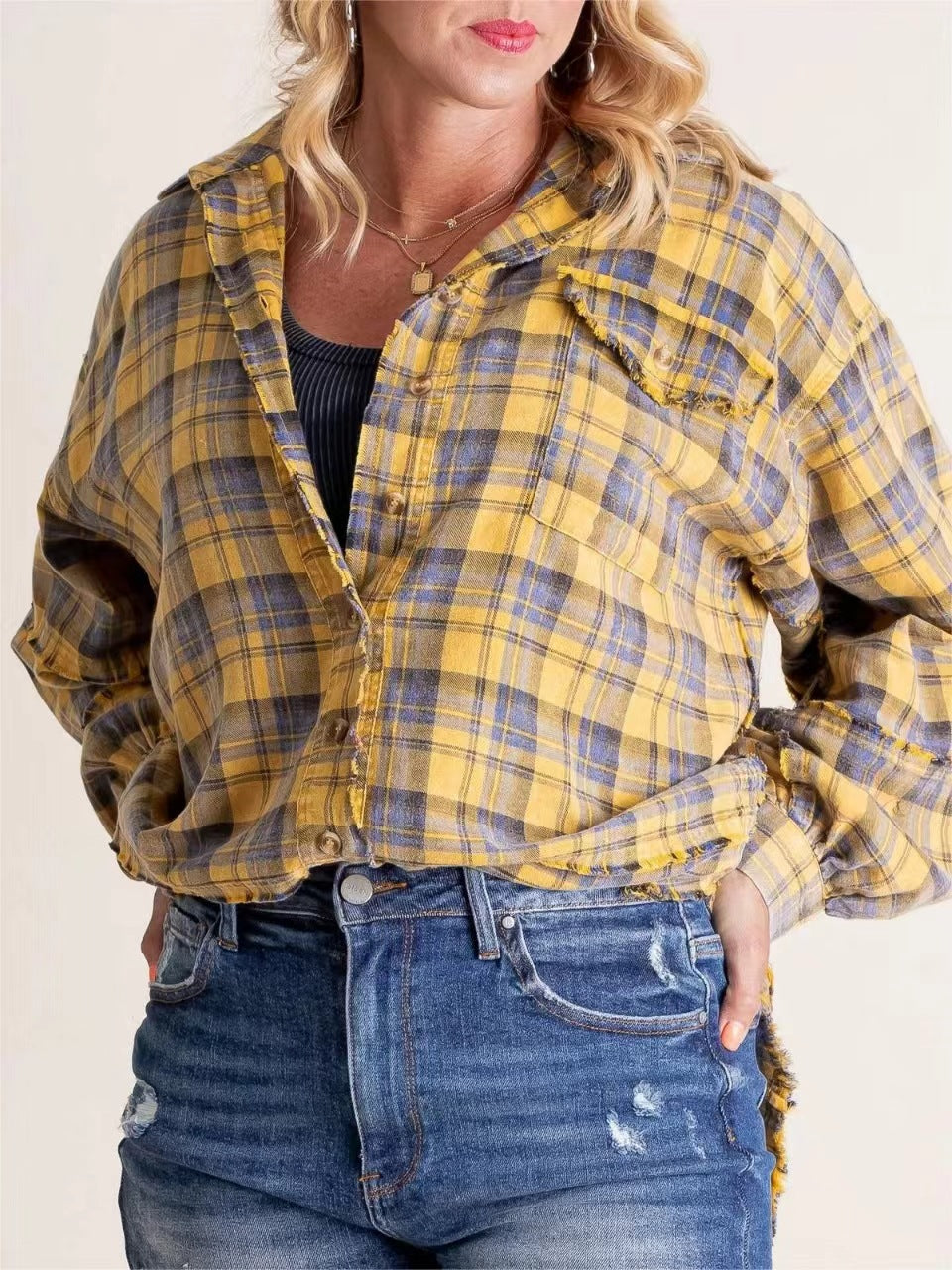 Tassel Long Sleeve Top Loose Casual Plaid Shirt Coat