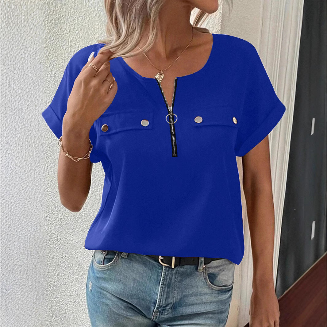 Womens Zipper-Button Top Fashionable Casual T-Shirt For Women