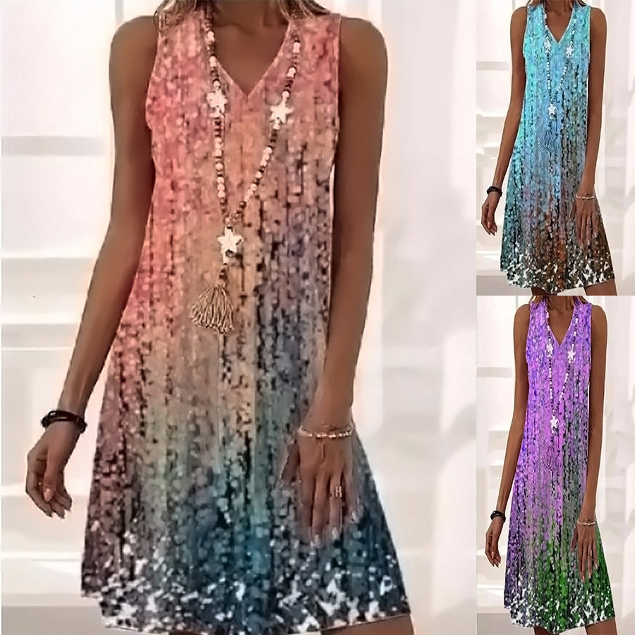 Women's Loose Fitting Dress With Sleeveless Printing